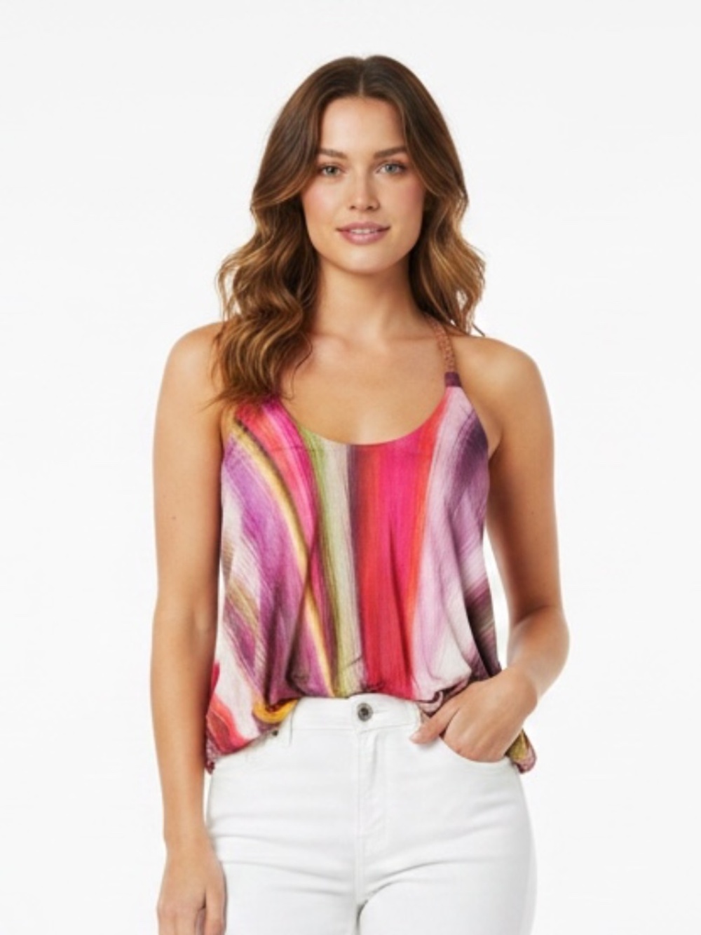 Sky Multicolor Striped Scoop Neck Tank Top - Pink, Red, Purple, Green, Yellow